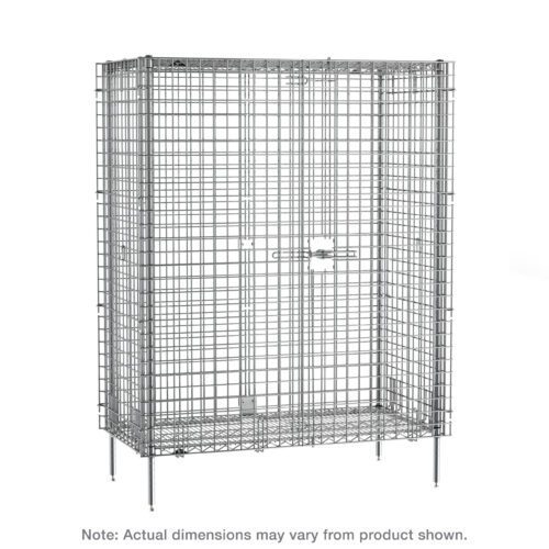 The Metro SEC33C Super Erecta Stationary Security Shelving Unit is a tall chrome wire cage with a grid pattern, front latch, and four legs. Its stated dimensions are 21.5 x 38.5 x 66.8125, but actual dimensions may vary from whats shown.
