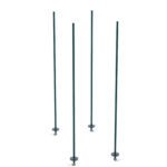 Four tall, thin, dark-colored rods stand upright on separate bases, evenly spaced on a plain white background. Their sleek design resembles the Metro BTAK3 qwikTRAK Stationary Intermediate Unit Kit for Super Erecta Wire Shelving with Metroseal Green Epoxy finish.
