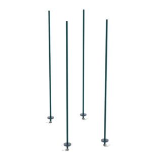 Four tall, thin, dark-colored rods stand upright on separate bases, evenly spaced on a plain white background. Their sleek design resembles the Metro BTAK3 qwikTRAK Stationary Intermediate Unit Kit for Super Erecta Wire Shelving with Metroseal Green Epoxy finish.