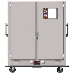 The Metro MBQ-200DX-QHA Banquet Cabinet features a Quad-Heat Thermal System, operates on 220V at 50/60Hz with 1650W, and has a modern gray design, mounted on wheels with sturdy handles and a control panel on the top right door for easy maneuverability.