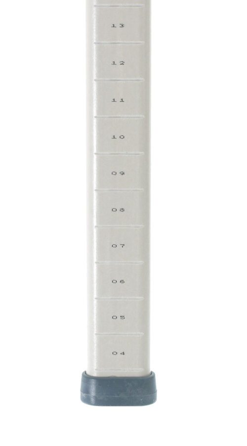 A tall, vertical gray polymer object with evenly spaced horizontal markings and printed numbers along its 13 height, featuring a slightly wider dark gray base, ideal for MetroMax MX13UP Mobile-Ready Industrial Shelving Post applications.