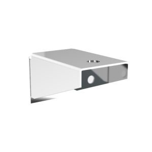The 3D rendering highlights a Metro BES Super Erecta Wall Mount End Post Bracket in chrome. Its rectangular, metallic design includes a top-surface hole for secure support. The sleek, reflective silver finish adds contemporary flair to any setting.