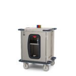 The Metro CaseVue CV24LC-NBF-S1 Surgical Case Cart features a clear door, color flags, and a pullout solid shelf. Measuring 33.5W x 28D x 40.625H, it is built for easy transport and organization of medical supplies with its compact design and sturdy blue corner bumpers.