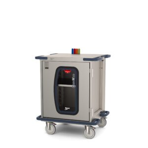 The Metro CaseVue CV24LC-NBF-S1 Surgical Case Cart features a clear door, color flags, and a pullout solid shelf. Measuring 33.5W x 28D x 40.625H, it is built for easy transport and organization of medical supplies with its compact design and sturdy blue corner bumpers.