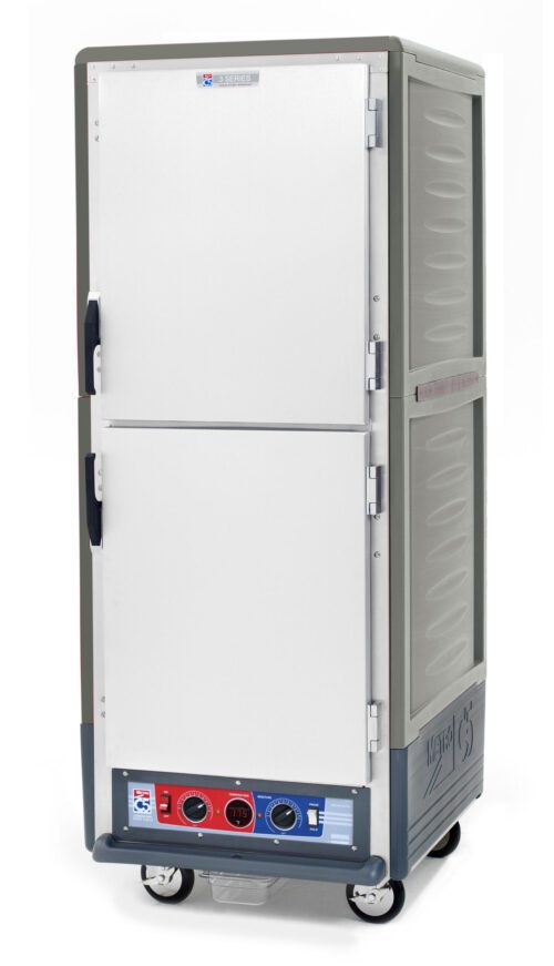 The Metro C539-CLDS-U-GY is a full-height, insulated holding/proofing cabinet with sleek gray Dutch solid doors, mounted on wheels. It features two compartments with handles, bottom control panel with dials and indicator lights, and universal wire slides for versatile storage.