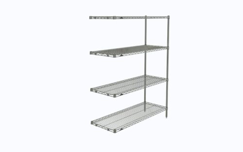 The Metro AN356C Super Erecta 4-Shelf Add-On Unit, measuring 18 x 48 x 63, has a chrome finish with four wire shelves on a single support pole, highlighted against a white background.