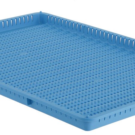 The Metro DT1826-P WavDri Drying Tray is a blue rectangular plastic tray featuring a perforated surface, raised edges, slots on the sides, and handles for easy transport and efficient drying.
