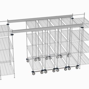 A 3D rendering showcases the Metro TT14-E2448M1848C Top-Track Overhead Track Shelving Kit for 14 ft. spaces, featuring lightweight, adjustable 48 wide chrome wire shelves on large wheels, ideal for organizing workshops or warehouses efficiently.
