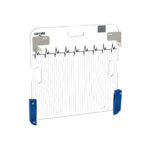 The Metro FL309-21 Flexline Backboard for 36 Flexline Carts is a clear rectangle with a handle, featuring black wavy lines similar to a heart rate monitor, and includes two blue brackets at the bottom. METRO branding appears on the top left.