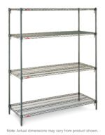 The Metro Super Adjustable Super Erecta A416K3 4-Shelf Industrial Wire Shelving Starter Unit is a robust system with a Metroseal Green Epoxy finish, measuring 21 x 24 x 63, suitable for industrial needs with adjustable shelves and variable actual dimensions.