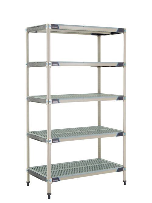 l7jc678jfc7xbm05t1hyrb2zp2nsalo8.jpg The MetroMax i 5X547GX3 5-Shelf Plastic Industrial Shelving Starter Unit offers five adjustable tiers, each measuring 24 x 42 x 74, with a grid-like surface and sturdy frame, ideal for organizing items in garages or warehouses.