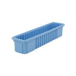 The Metro TB95050BAS Blue tote, crafted from static dissipative polypropylene and measuring 26.25 x 6.25 x 5, features ribbed sides and slightly raised corners, ideal for holding soil and plants, set against a plain white background.