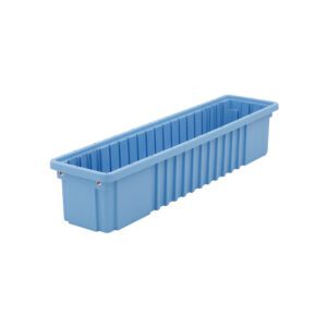The Metro TB95050BAS Blue tote, crafted from static dissipative polypropylene and measuring 26.25 x 6.25 x 5, features ribbed sides and slightly raised corners, ideal for holding soil and plants, set against a plain white background.