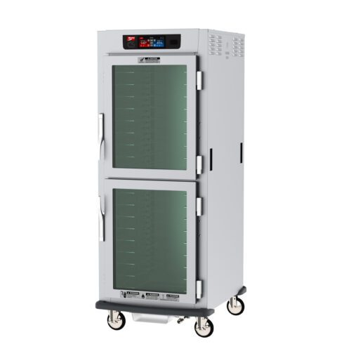 A full-height Metro C599-SDC-UPDS C5 9 Series controlled humidity, heated holding and proofing cabinet with Dutch clear/solid doors, universal wire slides. Provides versatile culinary task support like a commercial oven. Powered by 120V, 60Hz, and is mounted on wheels for easy mobility.