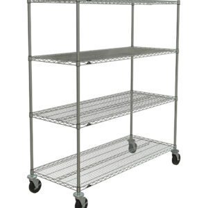 The Metro N566BC Super Erecta 4-Shelf Industrial Wire Shelving Stem Caster Cart, measuring 24 x 60 x 67.875, features a sleek chrome design and open grid shelving, providing easy mobility and embodying industrial efficiency.