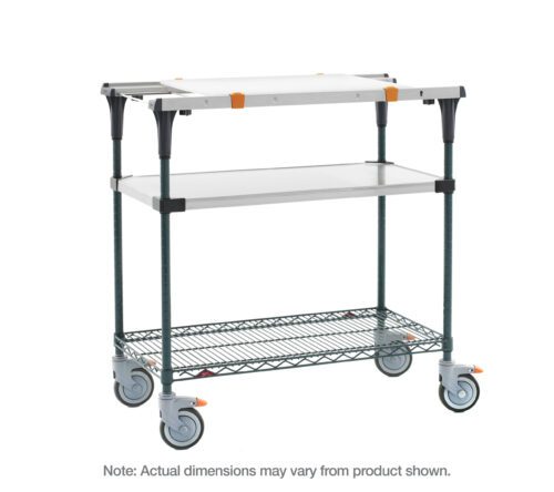 lby658thoyvf2duie5r5aqtomazlzf7r.jpg The Metro PrepMate MultiStation boasts a solid stainless steel top shelf, a Metroseal Green Epoxy wire bottom shelf, sturdy stainless steel posts, three tiers with a middle metal shelf, and smooth swivel wheels with two brakes.