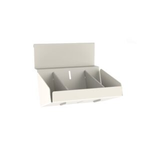 The Metro FL581 Flexline Utility Bin is a white, wall-mounted metal organizer with three minimalist compartments and a keyhole for hanging. Its sleek design effortlessly combines function and style for any modern space.