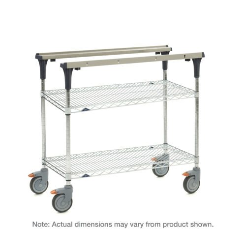 The Metro MS1848-BRBR PrepMate MultiStation 48 Prep Station has Brite Zinc Wire top and bottom shelves, Chrome posts, four large wheels, and a light gray frame for a sleek design. Shown against a white background. Note: Actual dimensions may vary from product shown.