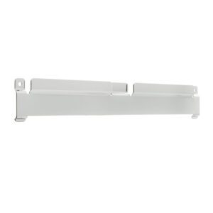 The Metro PBA-2BH Large Bin Holder for SmartWall Shelving Grids is a white, rectangular metal bracket with two mounting holes per side and a flat, elongated surface, ideal for supporting or holding items.