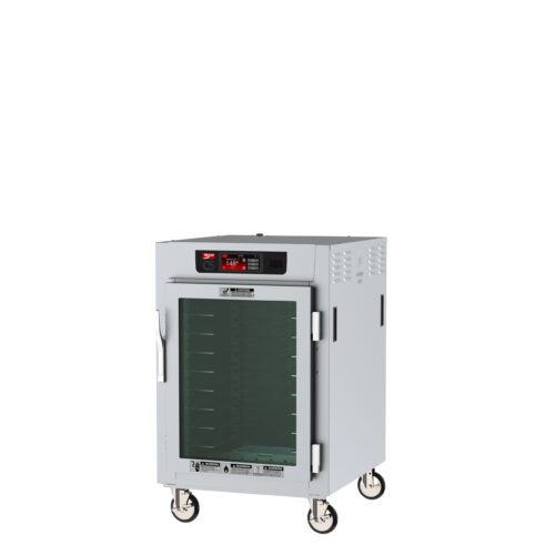 The Metro C585L-SFC-UPFSA C5 8 Series Insulated Pass-Thru Holding Cabinet features a sleek, compact design with a full-length clear door and digital display. Its metal construction includes wheels for mobility, ideal for professional kitchens to warm food using its versatile shelves at 120V, 60Hz.