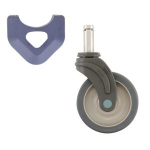 A Metro 5PSTEX 5 swivel stem caster with a light gray rubber surface for MetroMax shelving sits next to a separate, triangular blue bracket with a cut-out design on white.