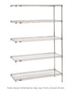 The Metro 5AN447BR Super Erecta 5-Shelf Industrial Wire Shelving Add-On Unit in Brite measures 21 x 42 x 74, offering lightweight, open shelving for visibility and easy access. Please note actual dimensions may vary from the product shown.
