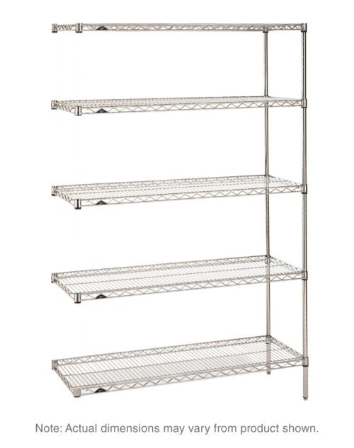 The Metro 5AN447BR Super Erecta 5-Shelf Industrial Wire Shelving Add-On Unit in Brite measures 21 x 42 x 74, offering lightweight, open shelving for visibility and easy access. Please note actual dimensions may vary from the product shown.