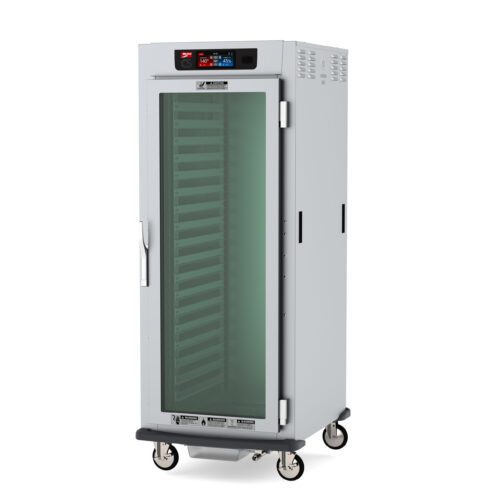 The Metro C599-SFC-LPFSA C5 9 Series cabinet features a full-length clear door and solid door option, sturdy build, top digital controls, lip load aluminum slides for shelf adjustment, and four wheels for easy mobility. It operates at 120V with controlled humidity for optimal food warming.
