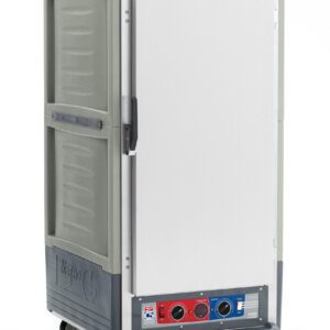 The Metro C537-CFS-U-GYA 3/4 height insulated holding/proofing cabinet features a gray plastic exterior with a full-length solid door and Universal Wire Slides. Its stylish red-accented control panel is located at the bottom, and four wheels offer smooth mobility. It operates efficiently at 60Hz.