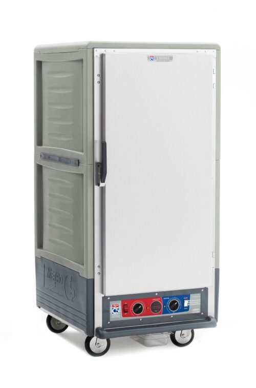 The Metro C537-CFS-U-GYA 3/4 height insulated holding/proofing cabinet features a gray plastic exterior with a full-length solid door and Universal Wire Slides. Its stylish red-accented control panel is located at the bottom, and four wheels offer smooth mobility. It operates efficiently at 60Hz.