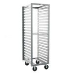 The Metro RD13N End-Load Pan Rack features a stainless steel structure with 3 slide spacing, measuring 21.25 x 26.5 x 69.75. It includes four large black wheels for easy mobility and is open on all sides, ideal for kitchen or catering use.