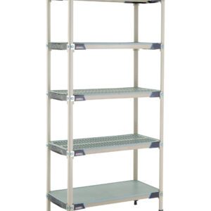 The MetroMax i 5X337HX3 5-Shelf Plastic Industrial Shelving Starter Unit, measuring 18 x 36 x 74, has a sleek silver and blue frame with five adjustable grid-pattern shelves and a solid bottom shelf, offering rugged storage as an ideal freestanding industrial solution.