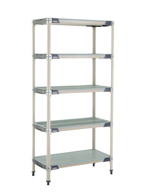 The MetroMax i 5X337HX3 5-Shelf Plastic Industrial Shelving Starter Unit, measuring 18 x 36 x 74, has a sleek silver and blue frame with five adjustable grid-pattern shelves and a solid bottom shelf, offering rugged storage as an ideal freestanding industrial solution.