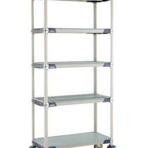 The MetroMax i 5X337EGX3 Mobile Cart is a tall, industrial plastic shelving unit with five adjustable shelves, a solid bottom shelf, and four casters. Its open design supports heavy-duty storage and measures 18 x 36 x 79.3125.