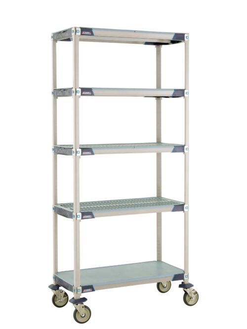 The MetroMax i 5X337EGX3 Mobile Cart is a tall, industrial plastic shelving unit with five adjustable shelves, a solid bottom shelf, and four casters. Its open design supports heavy-duty storage and measures 18 x 36 x 79.3125.