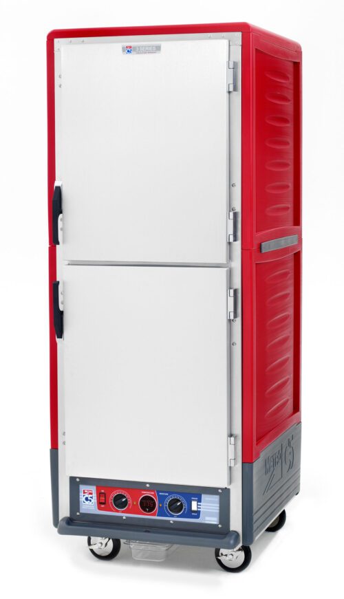 The Metro C539-CLDS-4A is a red insulated holding/proofing cabinet with Dutch solid doors, fixed wire slides, and bottom controls. It operates at 120V, 60Hz to maintain food temperature during transport and features wheels for mobility.