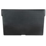 The green plastic storage tote, similar to the MB30128CLN Metro Bins matched with MB40120 dividers, has a flat, rectangular shape with gently curved sides. Its smooth front and simple design render it ideal for organizing essentials.