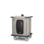 The Metro CaseVue CV24LC-NBF Surgical Case Cart features a clear door, color flags, and measures 33.5W x 28D x 40.625H. This gray cart has a black handle, vibrant buttons on top, four wheels, and prominently displays the Metro brand in its compact design.