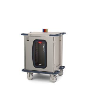 The Metro CaseVue CV24LC-NBF Surgical Case Cart features a clear door, color flags, and measures 33.5W x 28D x 40.625H. This gray cart has a black handle, vibrant buttons on top, four wheels, and prominently displays the Metro brand in its compact design.