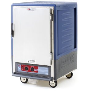 The Metro C535-HLFS-U-BUA C5 3 Series Insulated Holding Cabinet features a full-length white door, adjustable temperature controls, and a digital display. This 1/2 height cabinet in blue and gray has Universal Wire Slides for efficient storage on wheels at 120V, 60Hz, and 1440W.