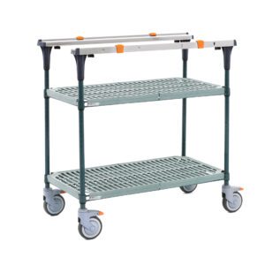 The Metro MS1836-PRPR PrepMate MultiStation is a two-tier utility cart with 36 Super Erecta Pro top and bottom shelves, Metroseal green epoxy posts, and four wheels (two locking with orange mechanisms), featuring orange accents on metal connections.