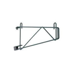 A metal wall-mounted bike rack features a triangular support, hooks for securing bikes, and a rectangular base for stability. Its minimalist design, similar to the Metro SWS14K3 SmartWall Single Shelf Support, finished in Metroseal Green Epoxy, ensures efficient storage.