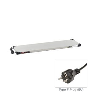 The Metro HSX1448-EU Super Erecta Hot Stainless Steel Heated Shelf is a sleek rectangular gray electric heating panel with side control buttons, operating at 220-240V and 336-400W. It features a Type F plug (EU) and matches modern finishes.