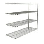 The Metro AN576BR Super Erecta 4-Shelf Add-On Unit in Brite offers adjustable wire shelves and an open design for ventilation and visibility, ideal for kitchens, garages, or warehouses. It measures 24 x 72 x 63, making it a spacious and sturdy storage solution.