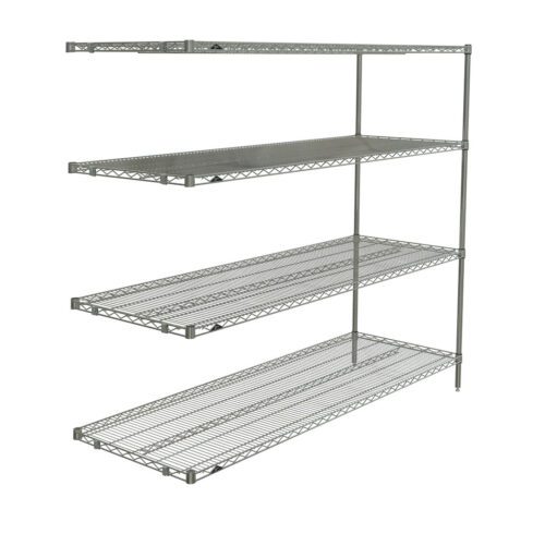 The Metro AN576BR Super Erecta 4-Shelf Add-On Unit in Brite offers adjustable wire shelves and an open design for ventilation and visibility, ideal for kitchens, garages, or warehouses. It measures 24 x 72 x 63, making it a spacious and sturdy storage solution.