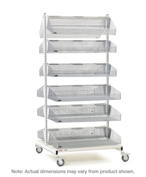 A tall metal storage rack with six mesh baskets on wheels, set against a white background, resembles the Metro QB248-M12 qwikSIGHT Mobile Double-Sided 12-Basket Shelving Unit, 48 L. Note: Actual dimensions may vary.