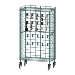 The Metro CR183670-UTNK3 Mobile Utensil Rack is a tall green wire rack with four wheels, two shelves, black and silver straps hanging from the top, and an open grid design for full visibility.