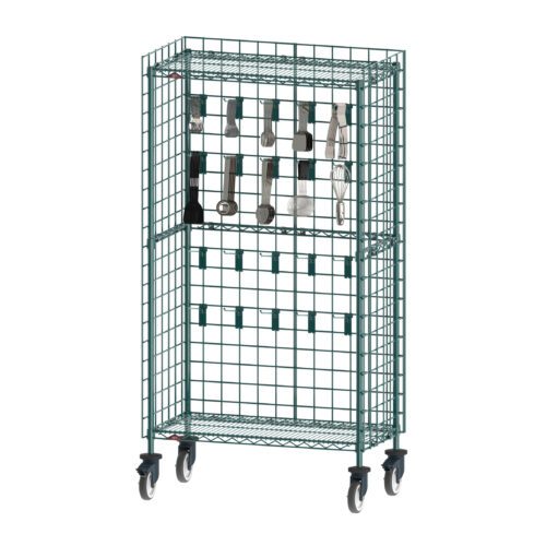 The Metro CR183670-UTNK3 Mobile Utensil Rack is a tall green wire rack with four wheels, two shelves, black and silver straps hanging from the top, and an open grid design for full visibility.