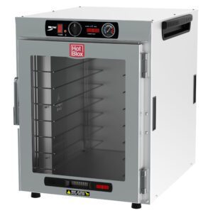 The Metro HBCW8-AC-CT HotBlox Wide 8-Pan Holding Cabinet features a clear door, an analog controller for temperature precision, and a rectangular interior with multiple shelves for efficient stacking. It operates at 120V, 60Hz, 875W, and is equipped with a NEMA 5-15P plug.