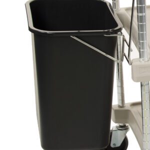 A black, rectangular Metro MYWB1 myCart Series Wastebasket is mounted on a wheeled metal frame and attached to the versatile MY1627 utility cart, made of durable plastic and metal, ensuring easy mobility and access.